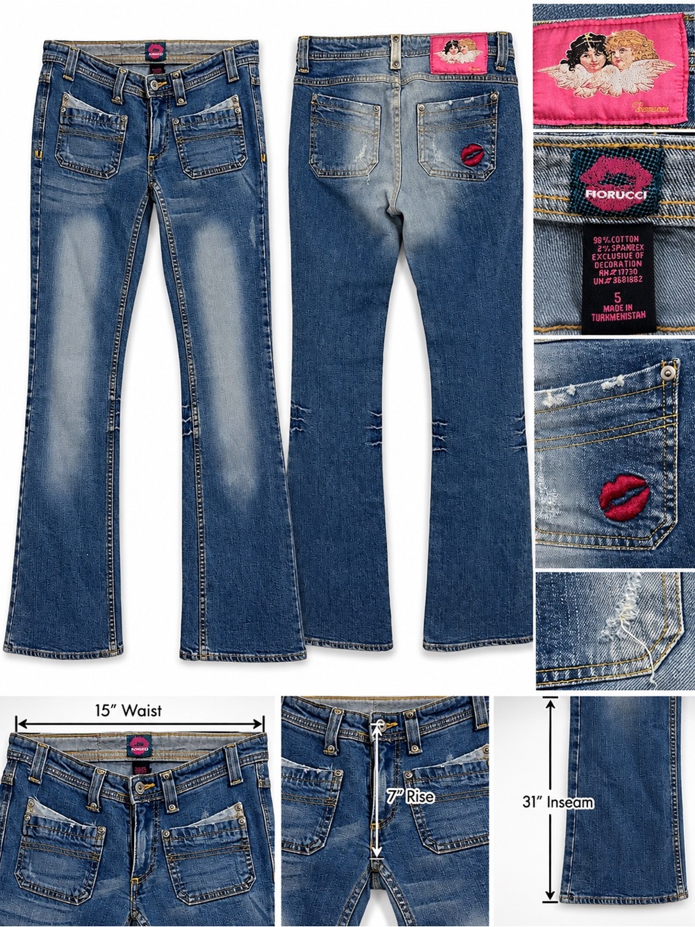 VTG Fiorucci Embroidered Kiss Low Rise Flare Jeans 5